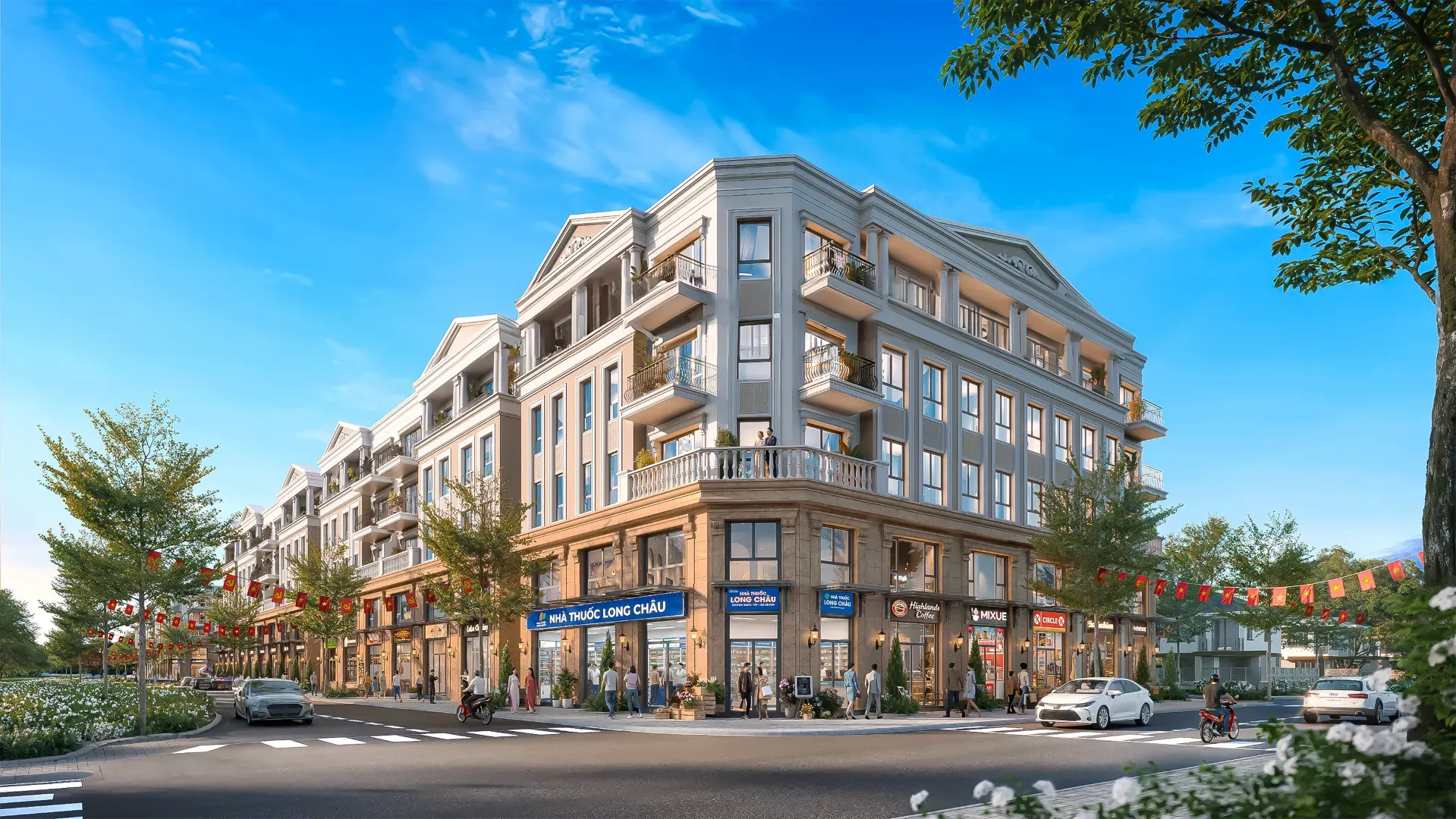 Dãy shophouse Ngọc Tín Garden phong cách tân cổ điển nhìn từ đường nội khu